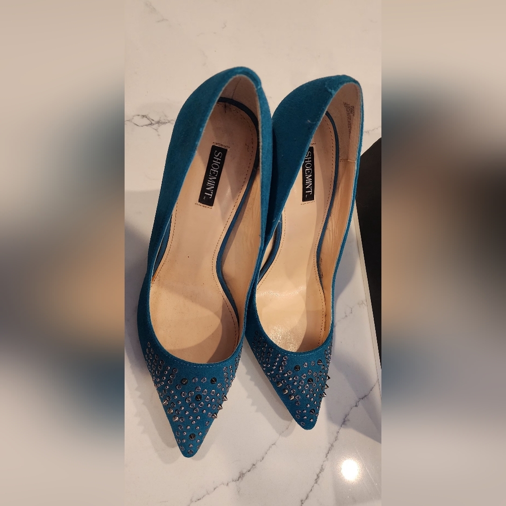 Shoemint Women's Blue Studded Heels, Worn Only One Time
